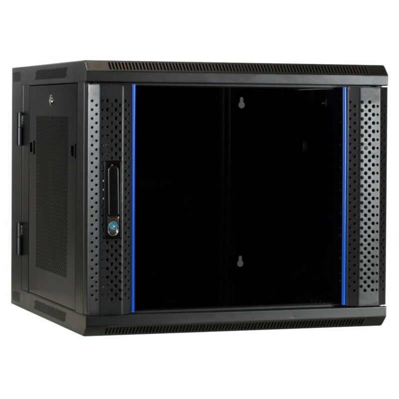 9 HE Serverschrank, wendbares Wandgehäuse mit Glastür und perforierten Seitenwänden (BxTxH) 600 x 600 x 501mm