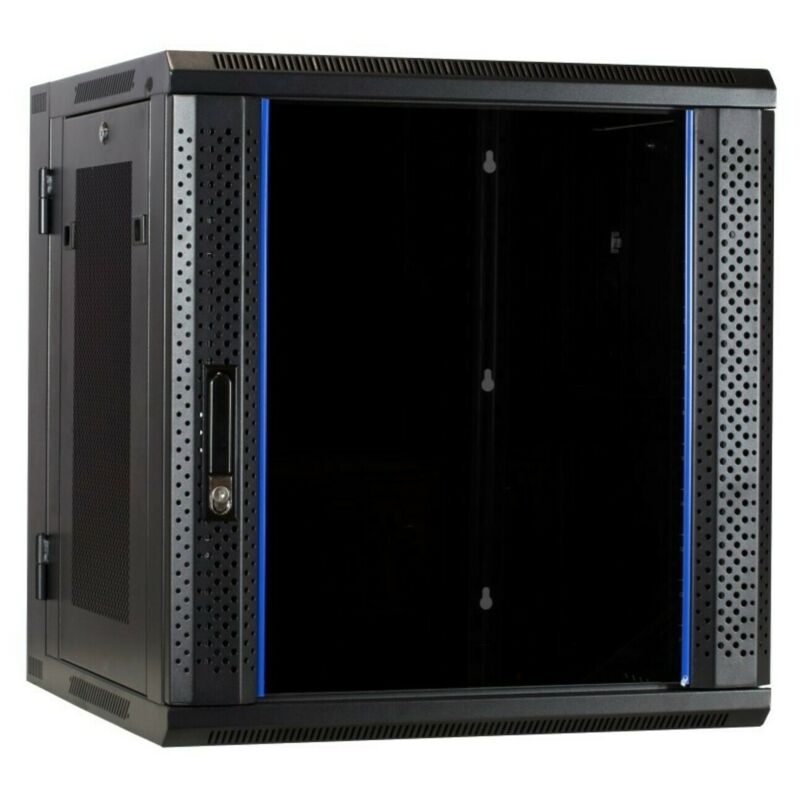 12 HE Serverschrank, wendbares Wandgehäuse mit Glastür mit perforierten Seitenwänden (BxTxH) 600 x 600 x 635mm