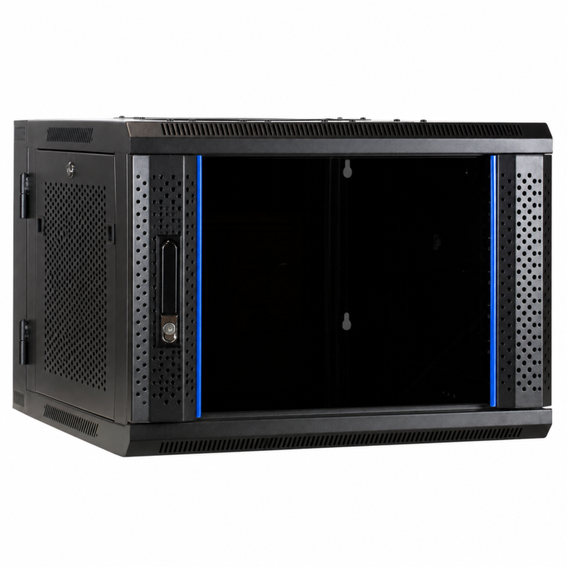 6 HE Serverschrank, wendbares Wandgehäuse mit Glastür und perforierten Seitenwänden 600x600x368mm