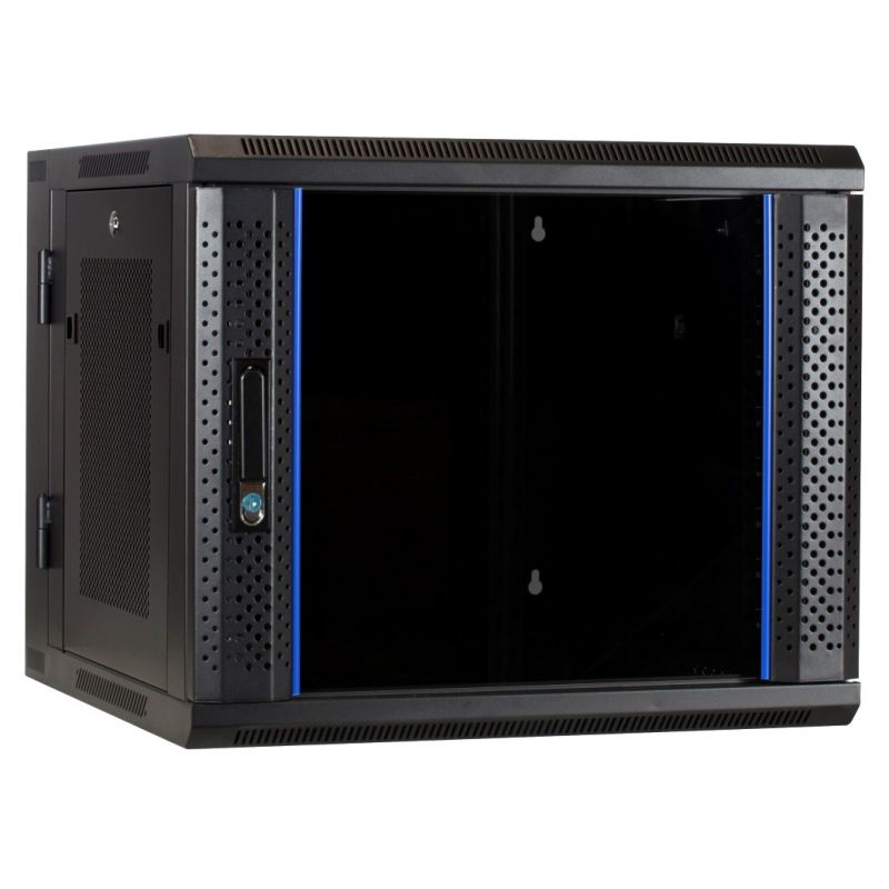 9 HE Serverschrank, wendbares Wandgehäuse mit Glastür und perforierten Seitenwänden (BxTxH) 600 x 600 x 501mm