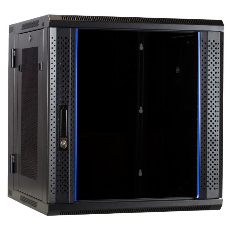 12 HE Serverschrank, wendbares Wandgehäuse mit Glastür mit perforierten Seitenwänden (BxTxH) 600 x 600 x 635mm